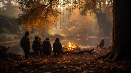 Wall Mural - friends in a park during autumn or fall season