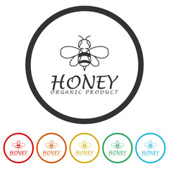 Sticker - Honey organic product template. Set icons in color circle buttons