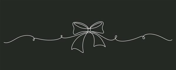 Tied ribbon bow hand drawing one line. Vector stock illustration isolated on black background for design template Christmas, Birthday greeting card, invitation or presentation. Editable stroke.