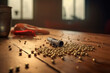 © Sebastian - Bullets scattered on a rustic oak table, capturing a sense of danger and intrigue. Generative Ai, Ai.