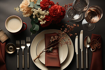 Poster - Sets the mood for Father's Day with a lovely table arrangement. Showcases a flat lay top view of tableware, coffee, cutlery, a napkin, a tie. Generative Ai.