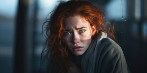 portrait of a sad women, crying, red hair, feeling grief