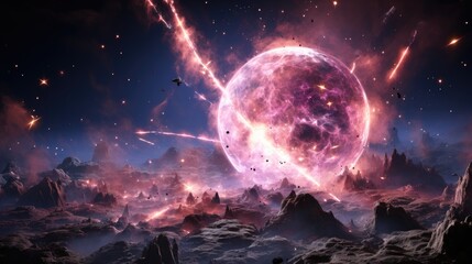Wall Mural - a beautiful cosmic landscape with a pink planet in pink clouds. pink doll planet. pink puppet style,