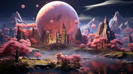 Wall Mural - a beautiful cosmic landscape with a pink planet in pink clouds. pink doll planet. pink puppet style,