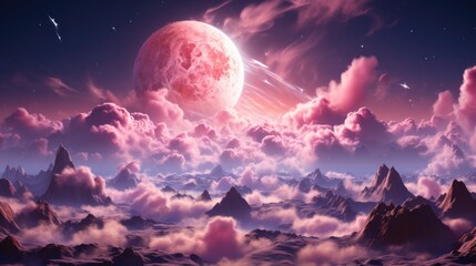 Wall Mural - a beautiful cosmic landscape with a pink planet in pink clouds. pink doll planet. pink puppet style,