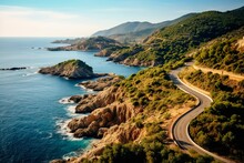 Aerial Panoramic View Of Spanish Coastline Driving Road