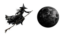 Shadow Of A Witch Flyting With Broom Next To A Big Black Full Moon Over Isolated Transparent Background