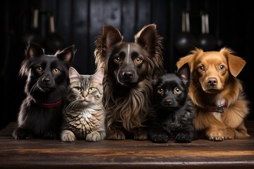 Sticker - Group of dogs and cat in a studio on a black background.