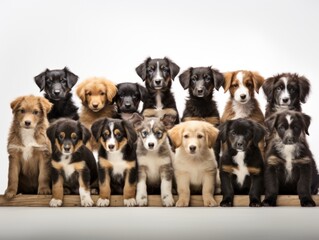 Sticker - Group of puppies isolated on a white background. Studio shot of six puppies.