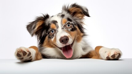 Funny studio portrait of the smilling puppy dog Australian Shepherd lying on the white background, giving a paw and begging