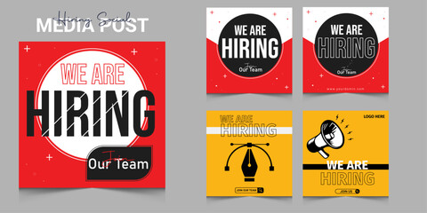 Wall Mural - We are hiring job vacancy for social media post banner design template with red color. We are hiring ajob vacancy for a square web banner designer. Employee vacancy announcement. Illustration isolated