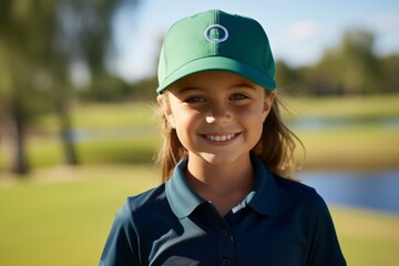 Wall Mural - Portrait of a smiling little girl with cap on the golf course