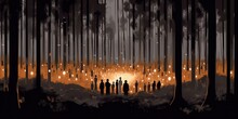 Mourning, Funeral, People Attend A Vigil And Light Candles In The Forest, Illustration