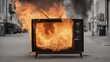On a gray, colorless street stands an antique TV set with an antenna on fire with smoke