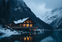 Illuminated Wooden House In The Forest On A Calm Reflecting Lake With The Foggy Mountains In The Background At Dusk