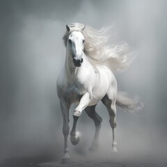  White Arabian horse galloping in dust and smoke on dark background, side view