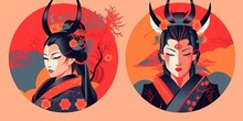 Portraits Of A Samurai Devil Girl. Retro Anime Style Beautiful And Strong Characters. Flat Bright Colors
