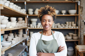 Wall Mural - Portrait of a successful and satisfied black woman owner of a pottery workshop