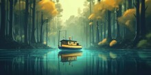 Toy Boat Sailing On River In Forest, Digital Painting, Illustration