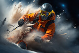Fototapeta Sport - Skiing Adventure. Skier carving down a snow-covered slope, capturing the thrill and exhilaration of winter sports. Generative Ai.