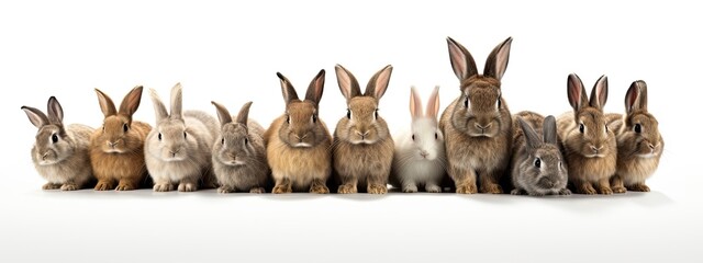 Wall Mural - Group of Easter bunnies in front of a white background.