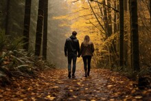 Young Couple Walk In Autumn Park, Couple Walks Hand In Hand Through A Forest Blanketed With Autumn Leaves, The Golden Foliage Providing A Warm And Romantic Ambiance.