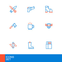 Poster - Set line Open matchbox and matches, Waterproof rubber boot, Swiss army knife, Deer antlers on shield, Wooden axe, Coffee cup, Hunter boots and Pistol or gun icon. Vector