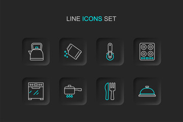 Sticker - Set line Covered with tray of food, Crossed knife and fork, Cooking pot on fire, Oven, Gas stove, Pizza, Packet pepper and Kettle handle icon. Vector