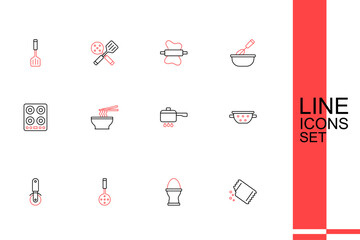 Sticker - Set line Packet of pepper, Chicken egg on stand, Spatula, Pizza knife, Kitchen colander, Cooking pot fire, Asian noodles bowl and Gas stove icon. Vector