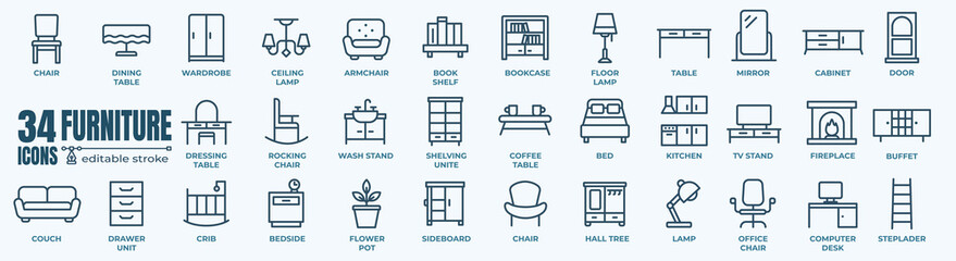 Furniture and home interior elements - thin line web icon set. Outline icons of kitchen, living room, bedroom and office collection. Simple vector illustration.