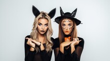 Picture Of Two Emotional Young Women In Halloween Costumes On Party Over White Background. Looking Camera