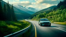  EV (Electric Vehicle) Electric Car Is Driving On A Winding Road That Runs Through A Verdant Forest And Mountains
