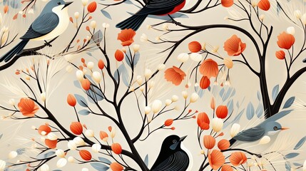  two birds sitting on a tree branch with berries and leaves.  generative ai