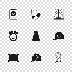 Wall Mural - Set Sleepy, Dreams, Earplugs and ear, Ghost, Window with curtains, Medical prescription, Sleeping pill and Alarm clock icon. Vector