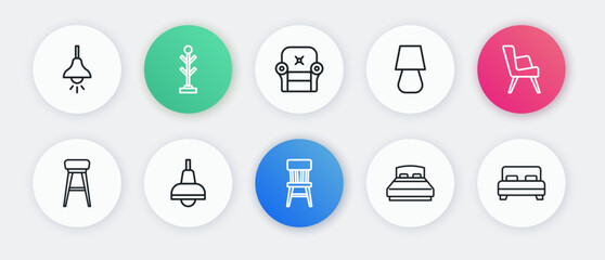 Sticker - Set line Chair, Armchair, Big bed, Table lamp, and Lamp hanging icon. Vector