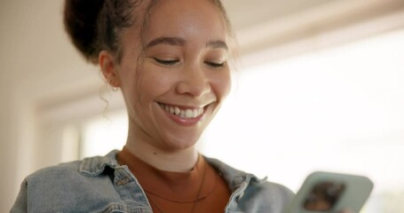 Canvas Print - Home, funny and woman with a cellphone, typing and connection for social media, chatting or contact. Person, happy or girl with a smartphone, mobile app or online reading with post, internet or smile