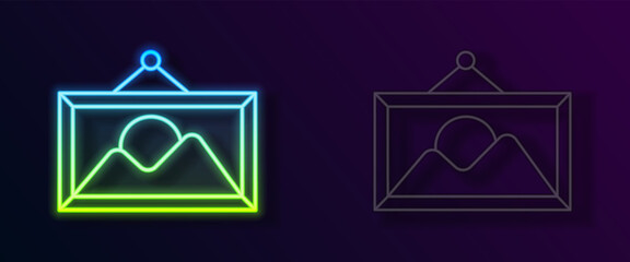 Poster - Glowing neon line Picture landscape icon isolated on black background. Vector