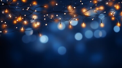 Wall Mural - christmas lights on blue bokeh background. xmas holiday concept. glowing christmas lights with bokeh