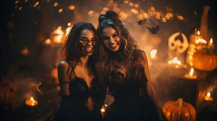 Wall Mural - Two beautiful young women in witch carnival costumes and masks having fun on Halloween