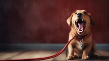 Dog Sitting Concept With Happy Active Dog Holding Pet Leash In Mouth Ready To Go For Walk