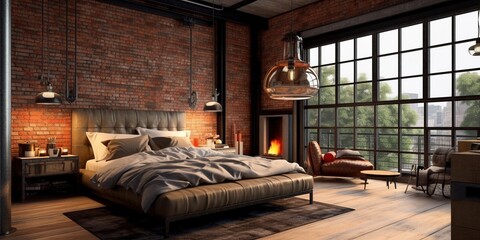 Bedroom decor, home interior design. Industrial Urban style with Brick Wall decorated