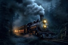 A Steam Engine Train Traveling Through A Foggy Night Filled Forest With Smoke Billowing From It's Stacks And A Bright Light On Its Head | Generative AI