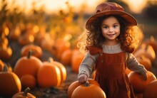A Little Girl Picking A Pumpkin In A Pumpkin Patch