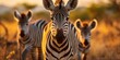 Horizontal photo of zebras in africa against sunset background. Generative AI