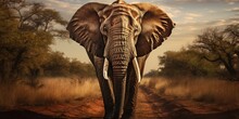 Close-up Portrait Of An African Elephant. Wild And Natural Habitat. Generative AI