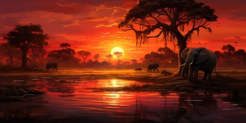 Wall Mural - Incredible beautiful sunset in the savannah, wildlife plants. Generative AI