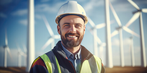 Renewable Energy Engineer portrait. A worker with a safety helmet stands in front of outside wind farms.