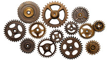 Several Old Industrial Gears Isolated On White Created With Generative AI