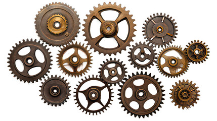 Several old industrial gears isolated on white created with Generative AI