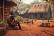 A sad African boy sits in a village in an African country. The poignant image reflects the somber atmosphere. Generative Ai, Ai.